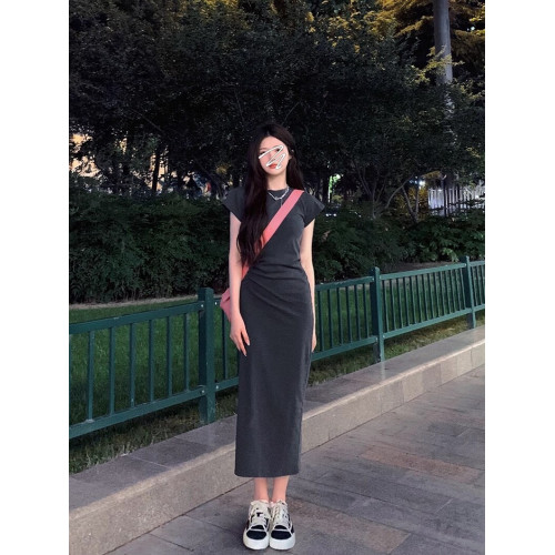 高個子加長灰色收腰褶皺氣質顯瘦棉質直筒休閒短袖T恤連衣裙女夏