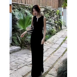 極簡深V領無袖背心連衣裙高個子復古赫本風優雅絕美氣質顯瘦長裙
