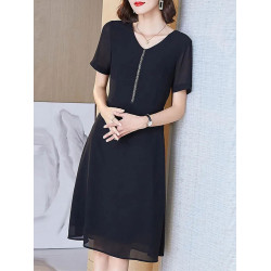 大碼女裝2025夏季新款微胖mm顯瘦連衣裙V領氣質短袖胖妹妹中長款