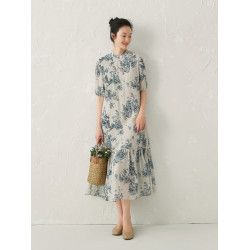 如也原創 萊賽爾苧麻印花新中式連衣裙女夏新款復古國風氣質長裙