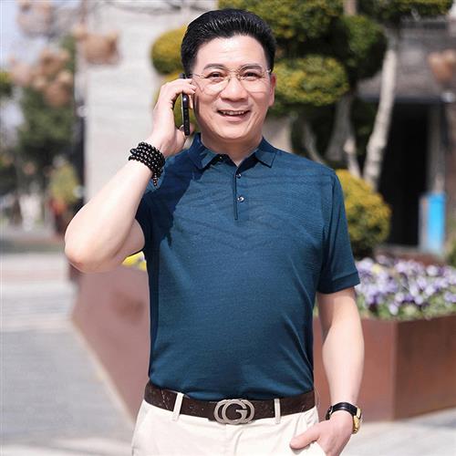 中老年男裝爸爸t恤夏季半袖翻領冰絲男士T恤寬松短袖體恤男t恤