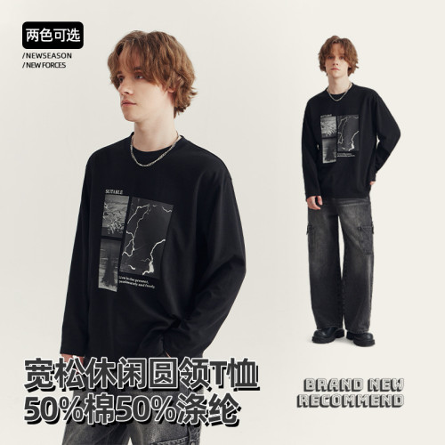 APO男裝 |秋冬季長袖男T恤潮牌印花高級感寬松休閒圓領打底衫內