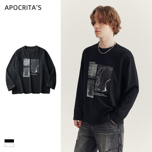 APO男裝 |秋冬季長袖男T恤潮牌印花高級感寬松休閒圓領打底衫內