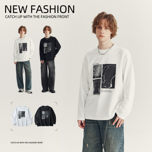 APO男裝 |秋冬季長袖男T恤潮牌印花高級感寬松休閒圓領打底衫內