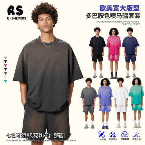 RS男裝|水洗噴馬騮短袖短褲套裝歐美多巴胺短袖t恤水洗套裝男T恤
