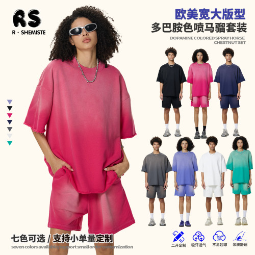 RS男裝|水洗噴馬騮短袖短褲套裝歐美多巴胺短袖t恤水洗套裝男T恤