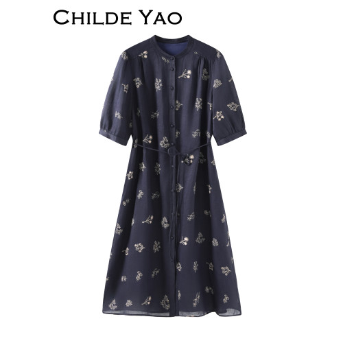 Childe Yao天然苧麻連衣裙女高級2025夏季新款刺綉輕奢高級感裙子