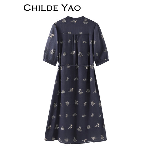 Childe Yao天然苧麻連衣裙女高級2025夏季新款刺綉輕奢高級感裙子
