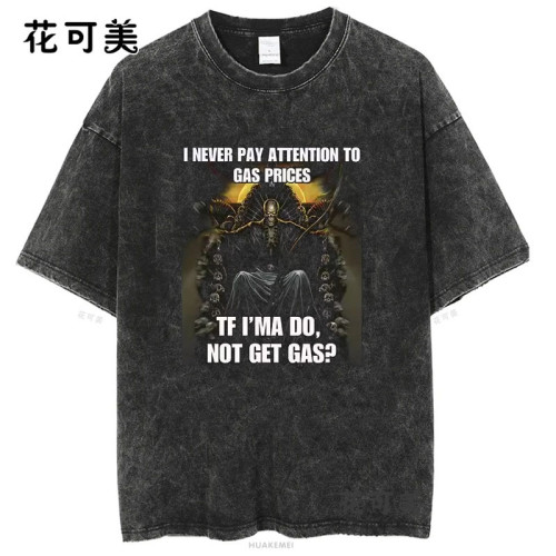 骷髏復古歐美潮牌搞笑創意圓領惡搞美式印花水洗做舊短袖男t恤