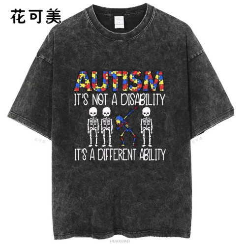 骷髏復古歐美潮牌搞笑創意圓領惡搞美式印花水洗做舊短袖男t恤