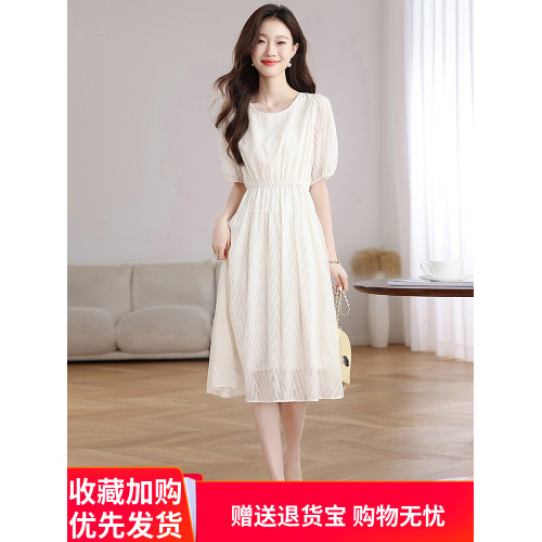 高級氣質真絲短袖連衣裙女夏季新款圓領小個子桑蠶絲顯瘦純色裙子