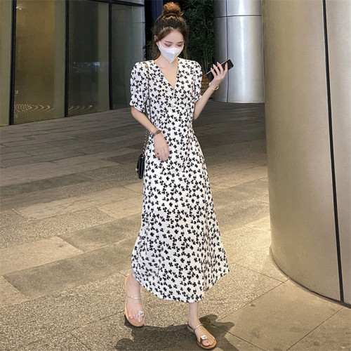 歐洲站2025新款海邊度假沙灘裙高級感氣質長裙短袖碎花連衣裙女夏