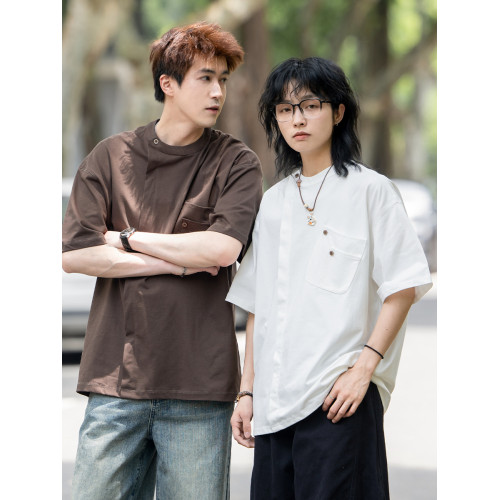 弎狸TIP日系復古小衆設計感不對稱口袋短袖男t恤夏季休閒落肩體恤