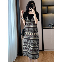 大碼法式氣質假兩件連衣裙女夏季胖mm寬松顯瘦百搭遮肚印花T恤裙