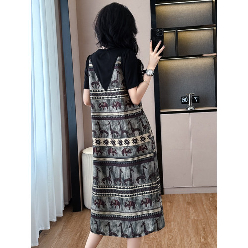 大碼法式氣質假兩件連衣裙女夏季胖mm寬松顯瘦百搭遮肚印花T恤裙
