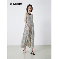 【商場同款】X--MOOM2025夏季新款條紋印花撞色圓領無袖連衣裙女