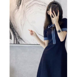 歐洲站2025年新款法式復古高級感收腰撞色polo領薄款連衣裙女夏季