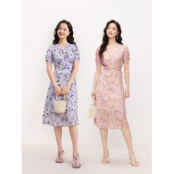 【桑蠶絲】珂萊蒂爾2025夏季新款復古優雅茶歇裙女V領碎花連衣裙