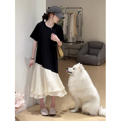 歐貨假兩件撞色魚尾拼接短袖連衣裙女夏季新款休閒寬松長款T恤裙