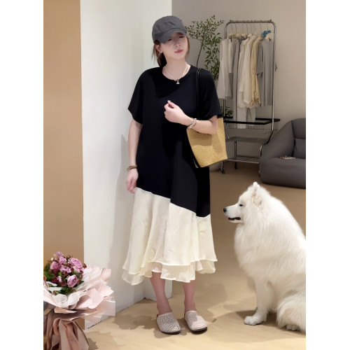 歐貨假兩件撞色魚尾拼接短袖連衣裙女夏季新款休閒寬松長款T恤裙