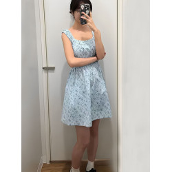 日單2025夏小個子抽褶印花連衣裙無袖寬肩帶短裙475807/477842