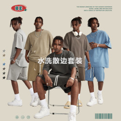 BE男裝2025春夏重磅潮牌水洗短袖套裝系列寬松散邊做舊痞帥男t恤