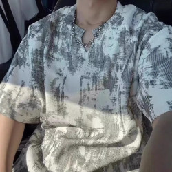 夏季新款亨利領小領口設計休閒ins寬松oversize短袖男T恤衣服半袖