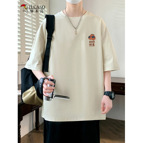 啄木鳥青少年全棉短袖寬松潮流半袖印花男T恤休閒百搭男孩上衣服