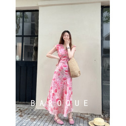 BAROQUE裙子夏季女2025新款收腰氣質流行法式飛袖花色V領連衣裙女