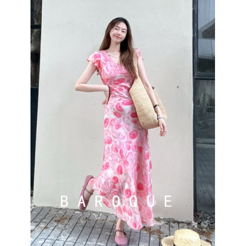 BAROQUE裙子夏季女2025新款收腰氣質流行法式飛袖花色V領連衣裙女