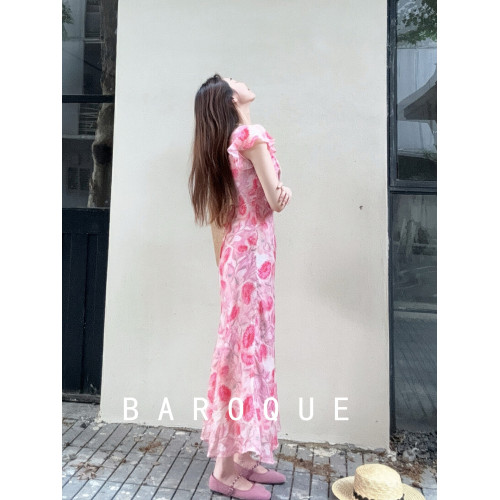 BAROQUE裙子夏季女2025新款收腰氣質流行法式飛袖花色V領連衣裙女