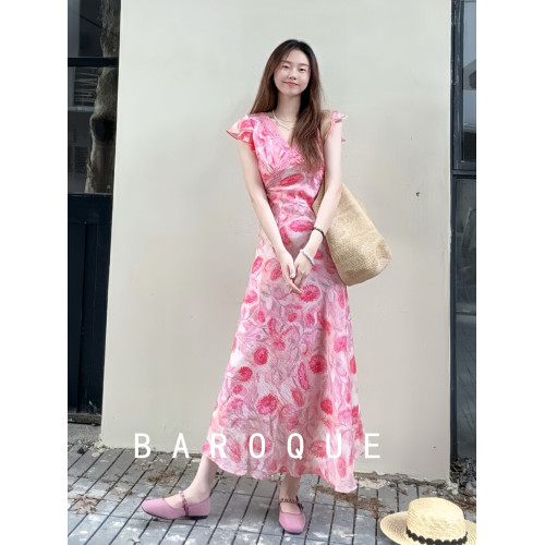 BAROQUE裙子夏季女2025新款收腰氣質流行法式飛袖花色V領連衣裙女