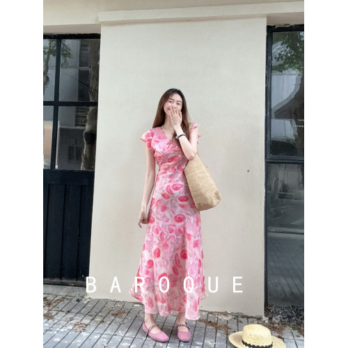 BAROQUE裙子夏季女2025新款收腰氣質流行法式飛袖花色V領連衣裙女