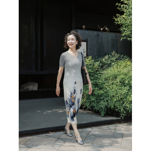 夏季連衣裙短袖褶皺真絲印花氣質新中式大碼顯瘦減齡媽媽中長裙