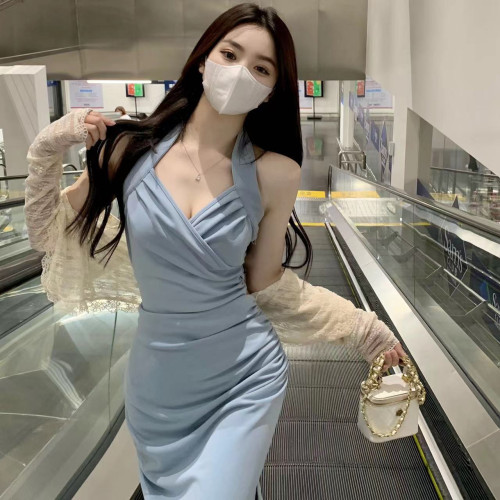 大碼胖MM純欲掛脖吊帶連衣裙女夏氣質性感收腰顯瘦包臀開叉中長裙