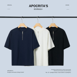 APO男裝 |夏季半拉鍊純色短袖男T恤潮牌高級感寬松內搭上衣打底衫