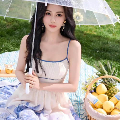 白鹿同款青花瓷吊帶連衣裙2025夏季新款性感氣質簡約度假風中長裙