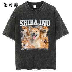 做舊水洗柯基巴哥犬二哈中華田園犬金毛美式復古純棉男t恤