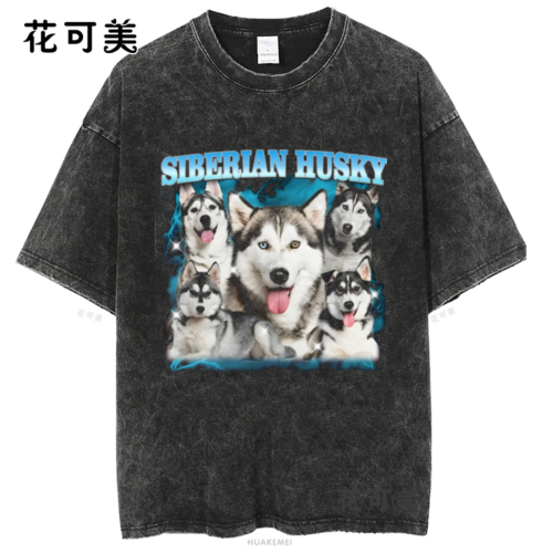 做舊水洗柯基巴哥犬二哈中華田園犬金毛美式復古純棉男t恤
