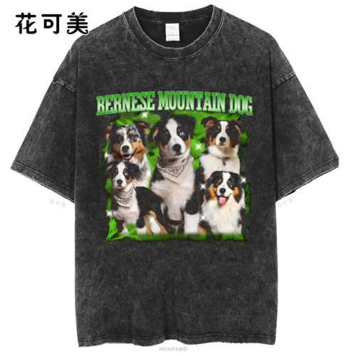做舊水洗柯基巴哥犬二哈中華田園犬金毛美式復古純棉男t恤