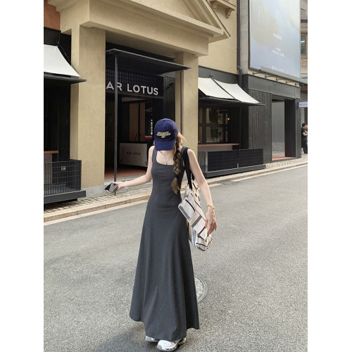 高個子加長版方領背心連衣裙女夏無袖a字吊帶裙收腰打底腳踝長裙