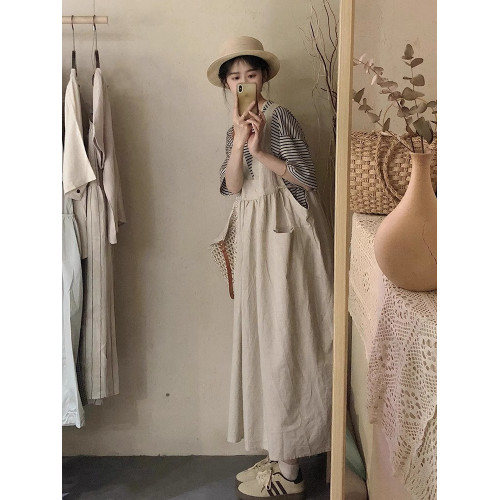 背帶裙女夏季2025新款日系工裝復古寬松連衣裙短袖條紋T恤兩件套