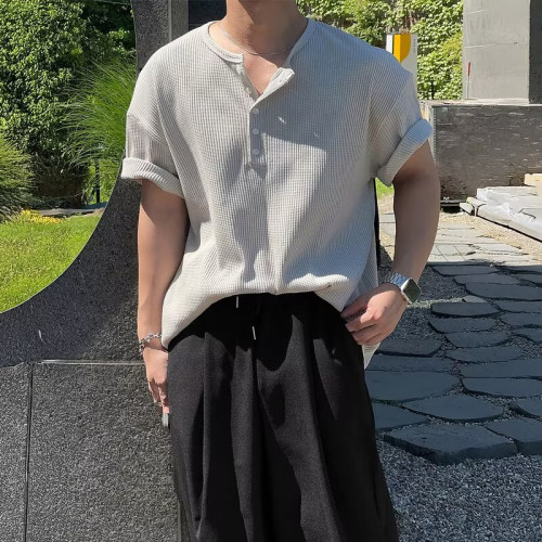 簡約亨利領華夫格短袖男t恤夏季新款韓版透氣休閒百搭體恤衫上衣
