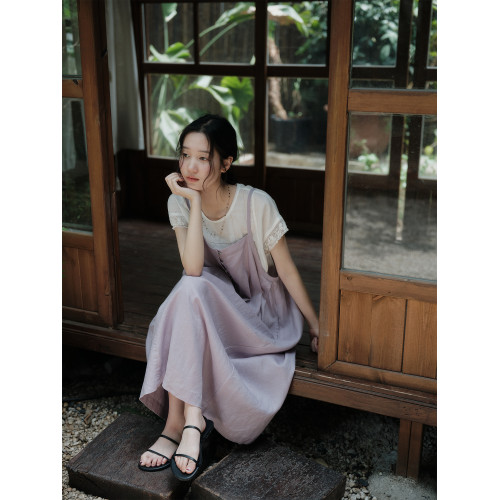 說與山聽「花蝴蝶」100亞麻吊帶背心裙連衣裙日系女夏 9342