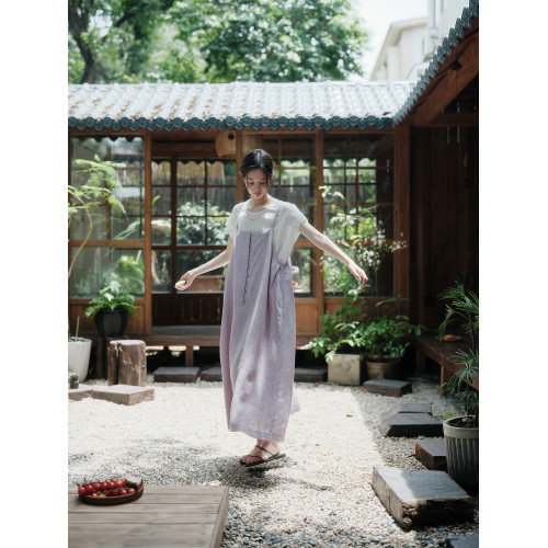 說與山聽「花蝴蝶」100亞麻吊帶背心裙連衣裙日系女夏 9342