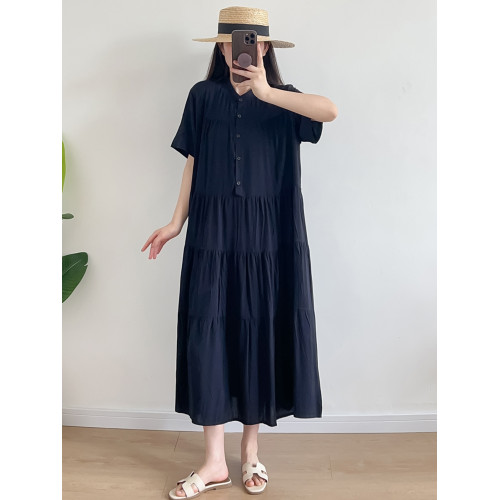 2025年夏季女士棉綢連衣裙寬松顯瘦襯衣領氣質大擺裙人造棉沙灘裙