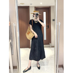 韓女士夏季新款短袖設計感不對稱亂褶皺連衣裙氣質顯瘦長裙子