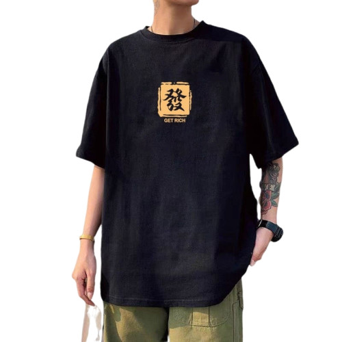 純棉短袖t恤重磅男T恤港風潮牌大碼寬松圓領體恤印花打底衫批