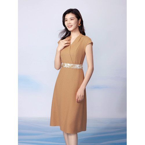 BBLLUUEE/粉藍衣櫥2025夏裝新款氣質通勤交曡v領蓋袖印花連衣裙女