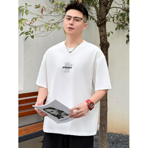 潑墨印花小熊圓領短袖t恤2025夏季男士潮牌情侶款寬松半袖上衣